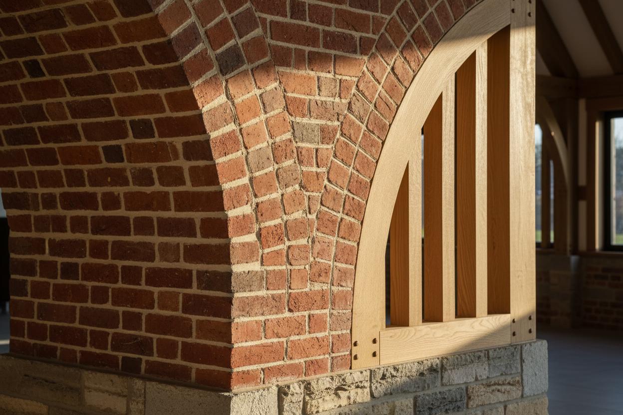Close-up of heritage brick arch with wooden slats and lime mortar