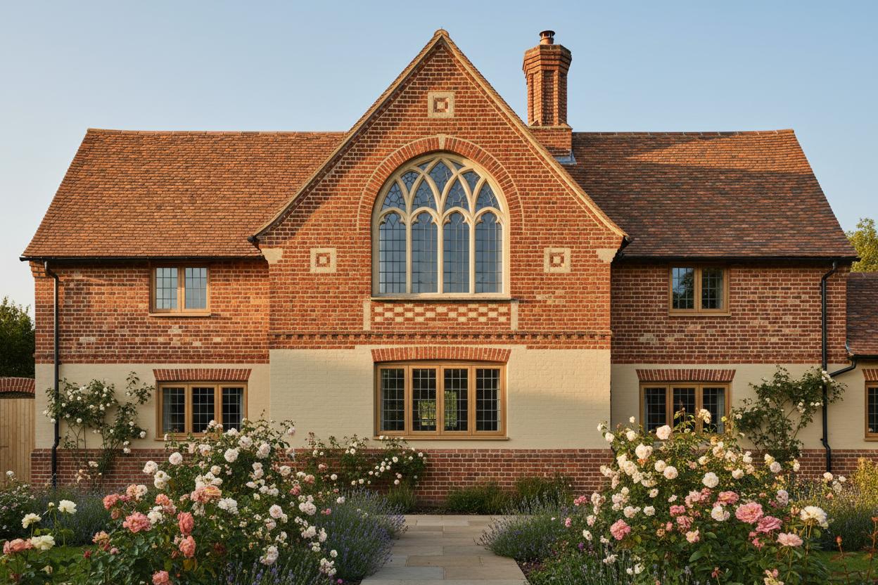 Brick gable end with arched window and decorative brickwork