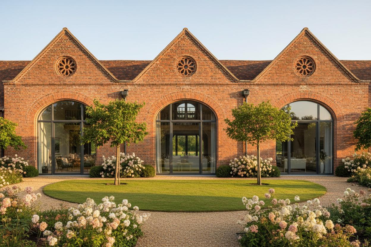 Barn conversion with large arched windows and traditional brickwork