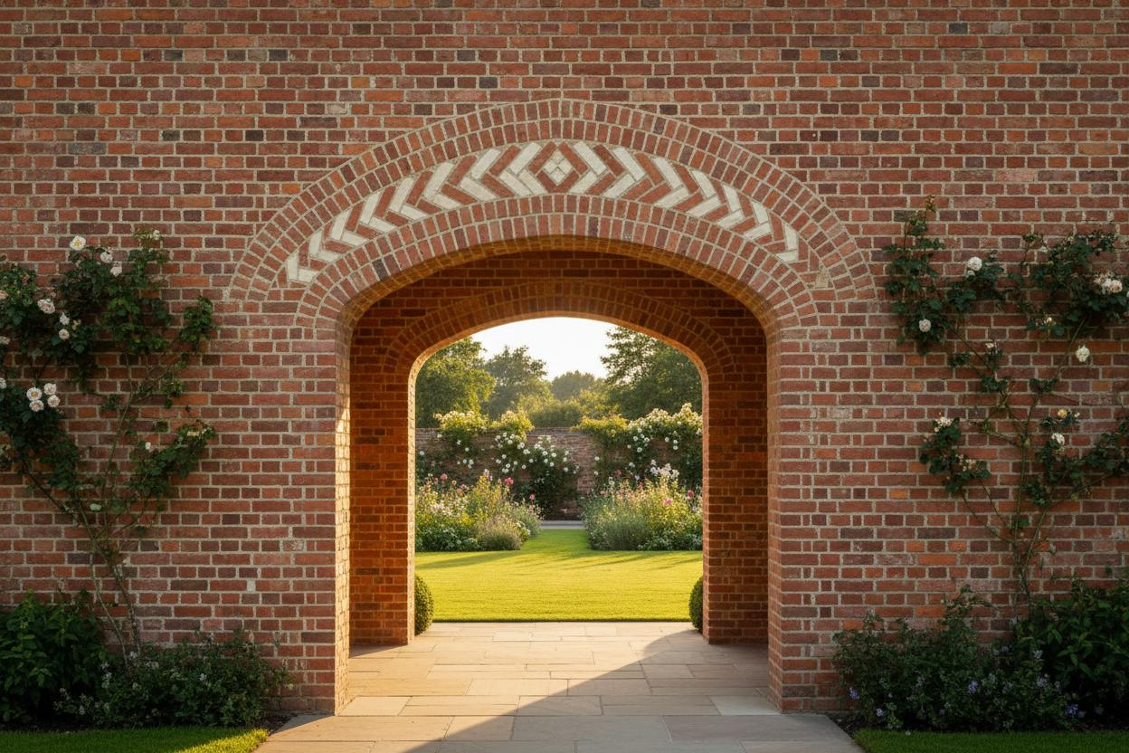 Red brick arch with decorative diamond pattern detail