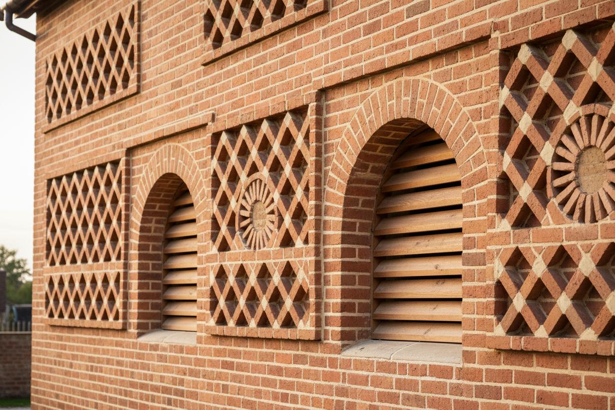Heritage barn facade with various decorative brick patterns