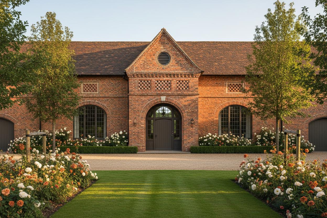 Heritage barn conversion with multiple brick arches and decorative patterns