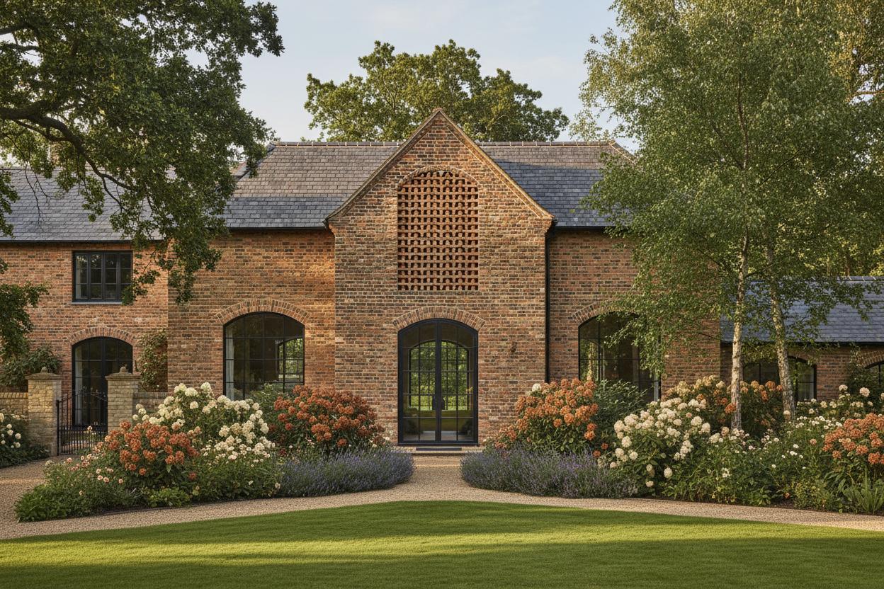 Red brick building with decorative open bond brick pattern