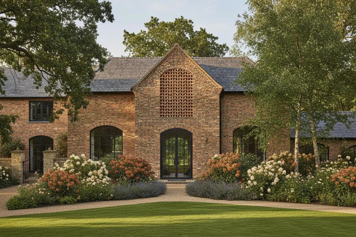 Red brick building with decorative open bond brick pattern