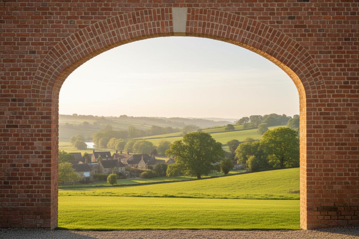 Heritage brick arch detail with rural landscape background